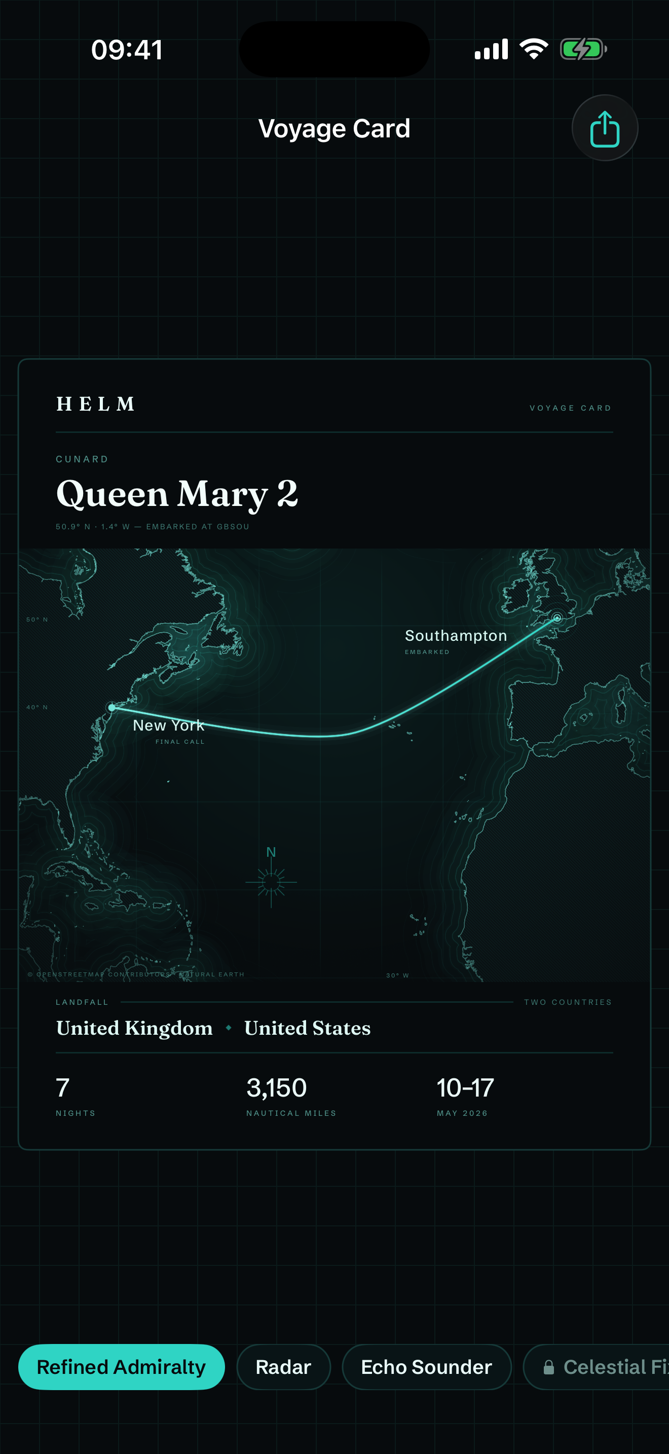 Helm keepsake voyage card — Queen Mary 2 transatlantic
